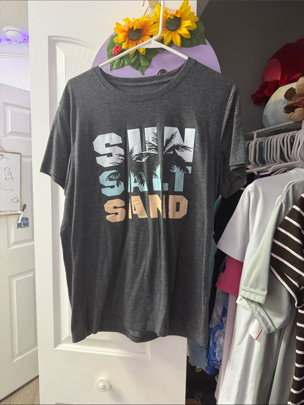 SHEIN Dark Gray Graphic Tee with Blue and Tan Lettering